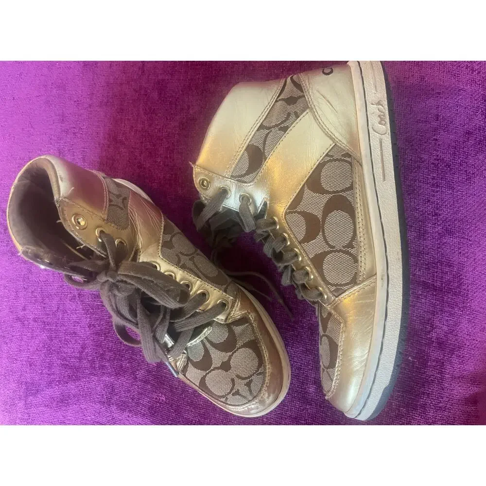 COACH Norra High Top Sneakers Gold Shoes Lace Up Size 7 Leather Canvas